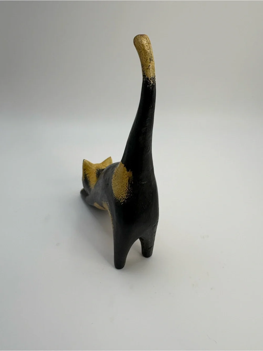 Vintage Bali Wood Hand Carved Long Tail Cat Figurine Black Cream Folk Art Decor